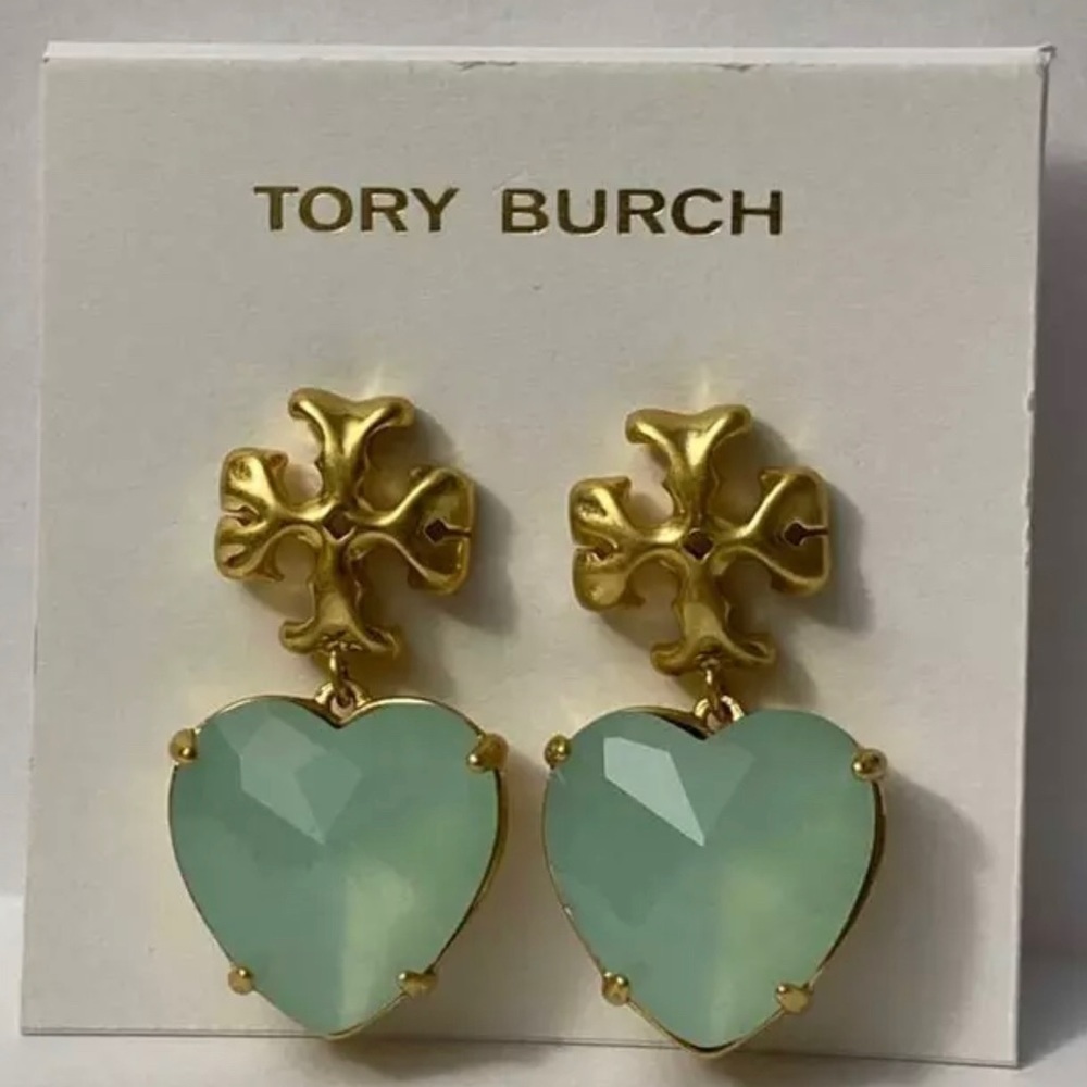 Tory Burch Authentic Roxanne Gold & Crystal Heart Earrings Soft Mint Green NWOT - Picture 7 of 11